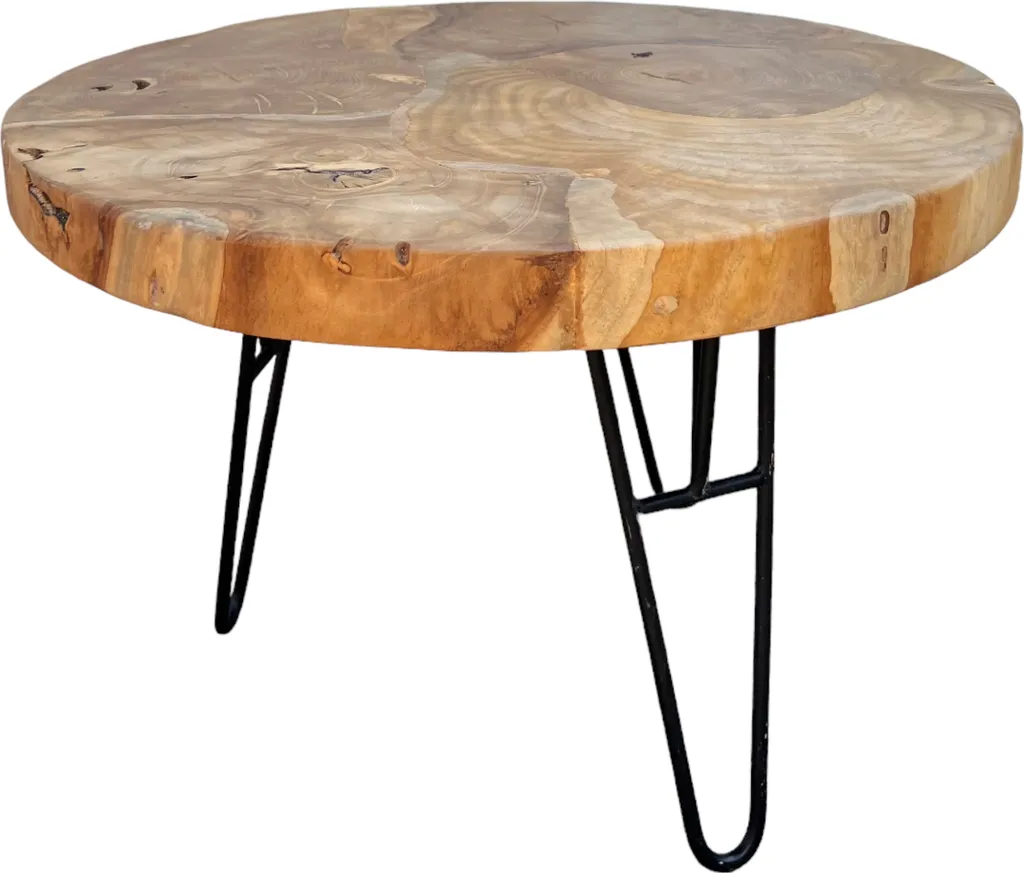 Petite table basse ronde de salon en bois massif et structure métal