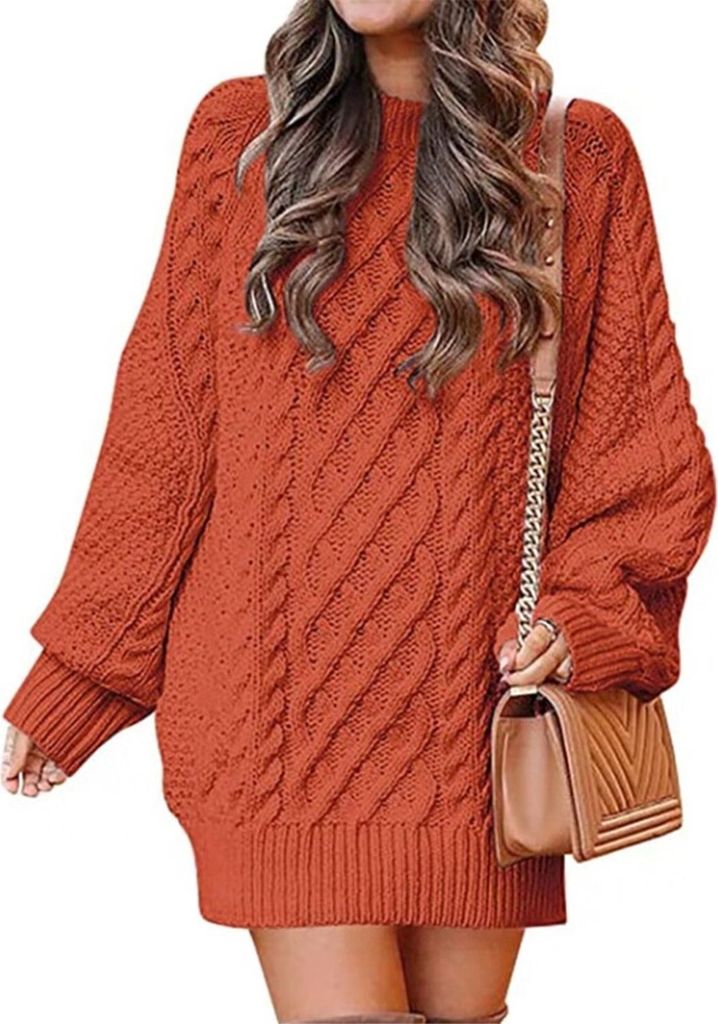 ASKSA Damen Pulloverkleid Rundhalsausschnitt Langarm Zopfmuster Rollkragen Chunky Pullover Kurze Pulloverkleider, Orange, S