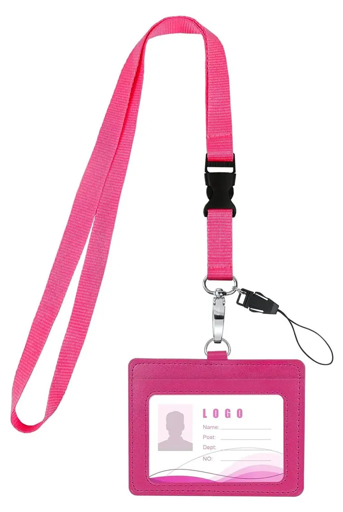 Porte-badge en cuir PU rose avec cordon et anneau pour carte de bureau