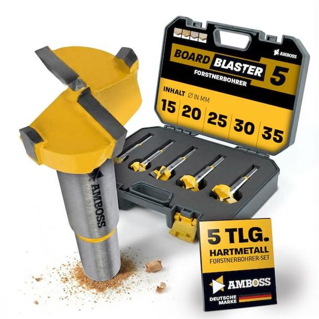 Forstnerbohrer Set 5‐tlg - Amboss Werkzeuge BOARDBLASTER Hartmetall Holzbohrer 15 / 20 / 25 / 30 / 35 mm