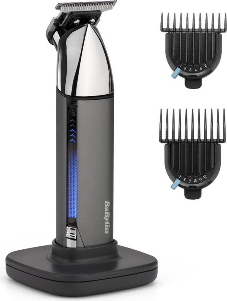 A cordless hair trimmer and its accessories are displayed on a white background.