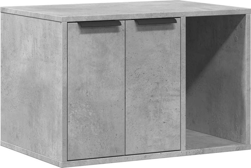 A concrete-effect cabinet with two doors on the left and an open shelf on the right.