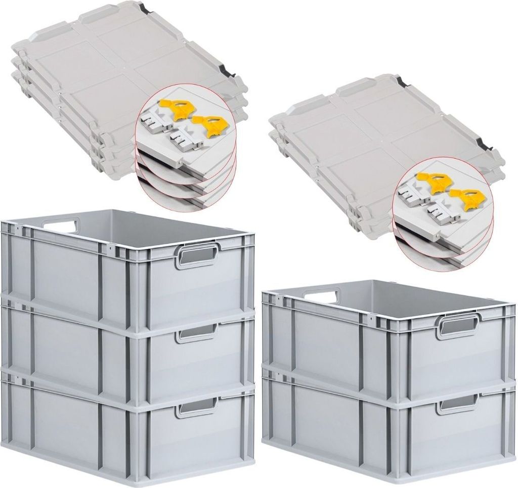 SuperSparSet 5x Eurobox NextGen Economy mit Scharnierdeckel und gelben Schiebeschnappverschlüssen | Griffe offen | HxBxT 22x40x60cm | 44 Liter | E...