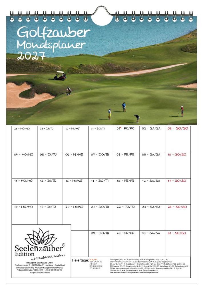 Golfzauber Planer DIN A4 Kalender für 2027 Golf und golfen Produktbild 