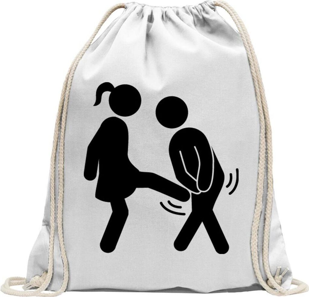 Kiwistar - Turnbeutel - weiss - Frau vs. Mann - Fun Rucksack Sport Beutel Gymsack Baumwolle mit Ziehgurt