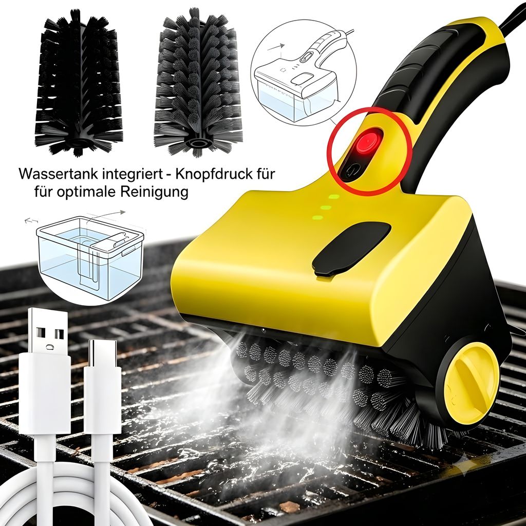 2 in 1 Elektrische BBQ Grillbürste 320 U/min, Wassertank & Produktbild 