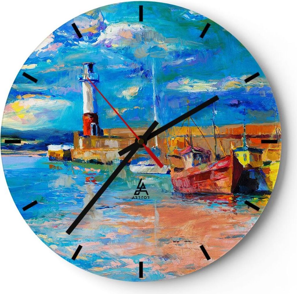 Wanduhr - Rund - Glasuhr - Leuchtturm Meer - 40x40cm - Schleichendes Uhrwerk - Lautlos - zum Aufhängen bereit - Dekoration Modern - Wanddekoration...