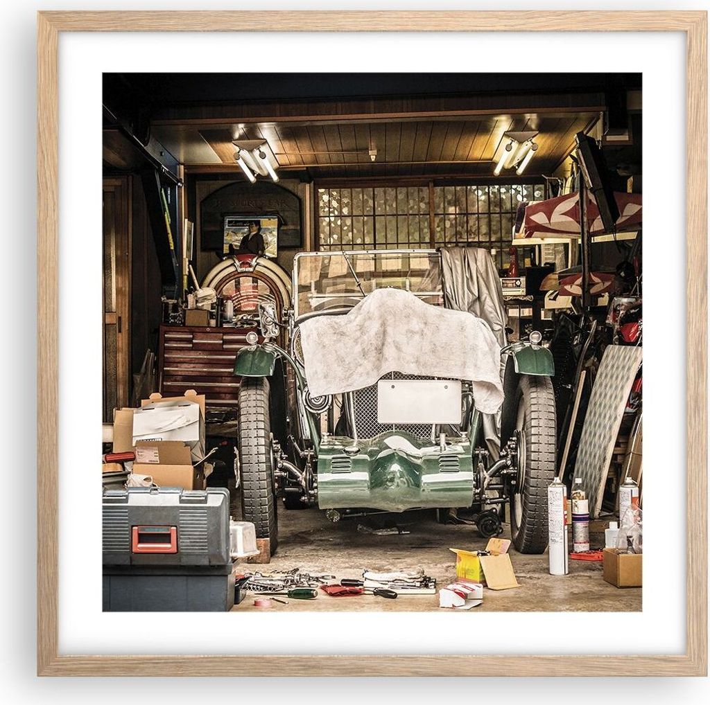 Gerahmtes Poster - Rahmen in heller Eiche - Historisch Auto Garage - 50x50 cm - Wand Bild - Wanddeko - Wandbilder - Kunstposter - Wandposter - Bild...