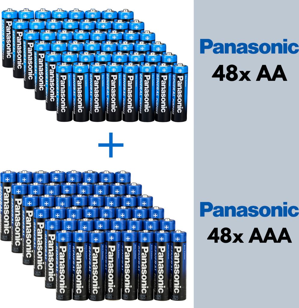 PANASONIC Zink Kohle Mix Set 96 Stück AA & AAA / bestehend aus 48xAA & 48xAAA / 1,5V / 96er Pack "Ready-To-Sell"