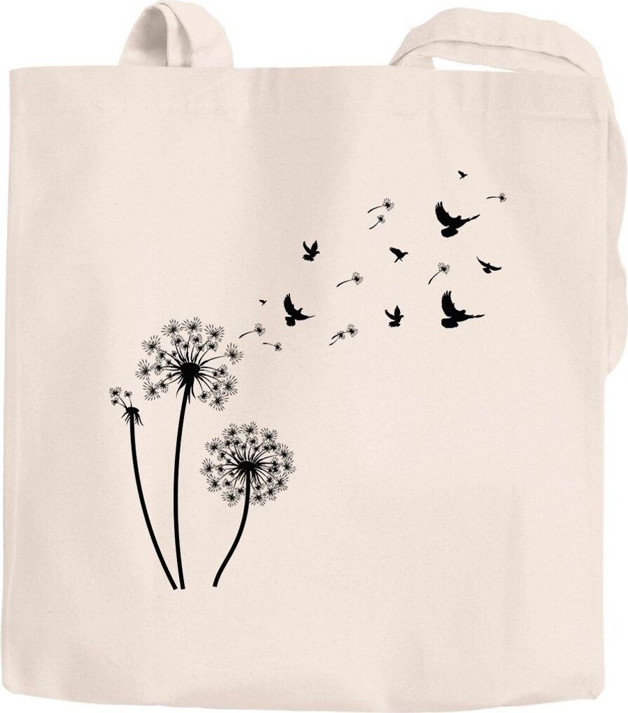 Jutebeutel Pusteblume Vögel Dandelion Birds Baumwolltasche Stoffbeutel Schultertasche Einkaufsbeutel Autiga natur 2 lange Henkel