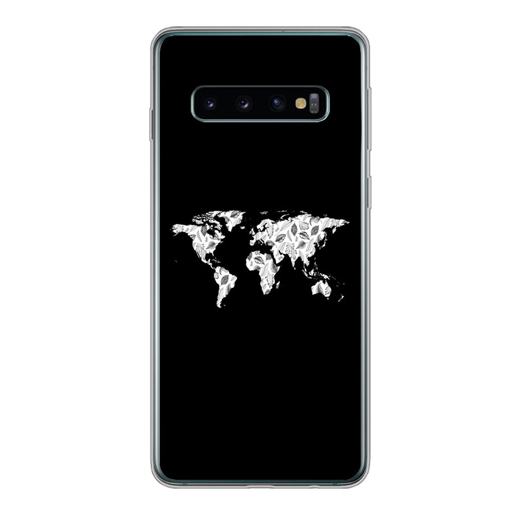 MuchoWow Handyhülle Schutzhülle Hülle für Samsung Galaxy S10 Weltkarte - Blätter - Schwarz Silikon Softcase Handy Hülle - Handytasche