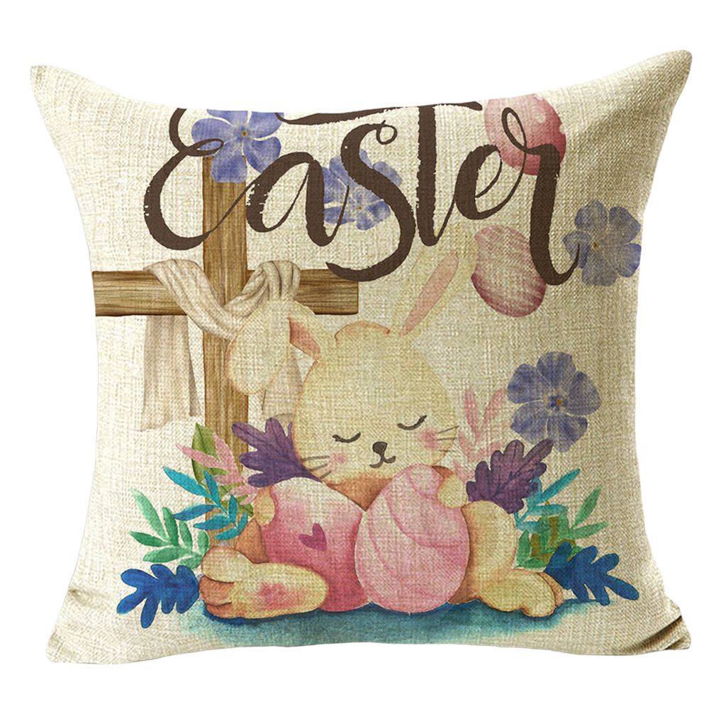 45x45 cm Quadratkissen Hülle Kaninchen Thema Bunte Eier Hausdekoration Flachs Frohe Osterkissen Kissenabdeckung für Innenräume-Q
