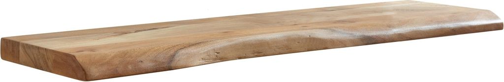 A single wooden shelf with a live edge is shown against a white background.