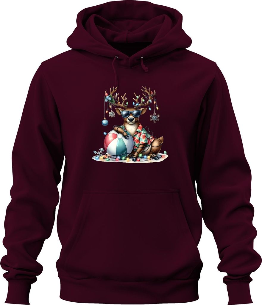 Weihnachtsrentier Sonnenbrille Hawaiihemd Strandball Lichterkette Uni Hoodie Kapuzenpullover, Burgundy, L