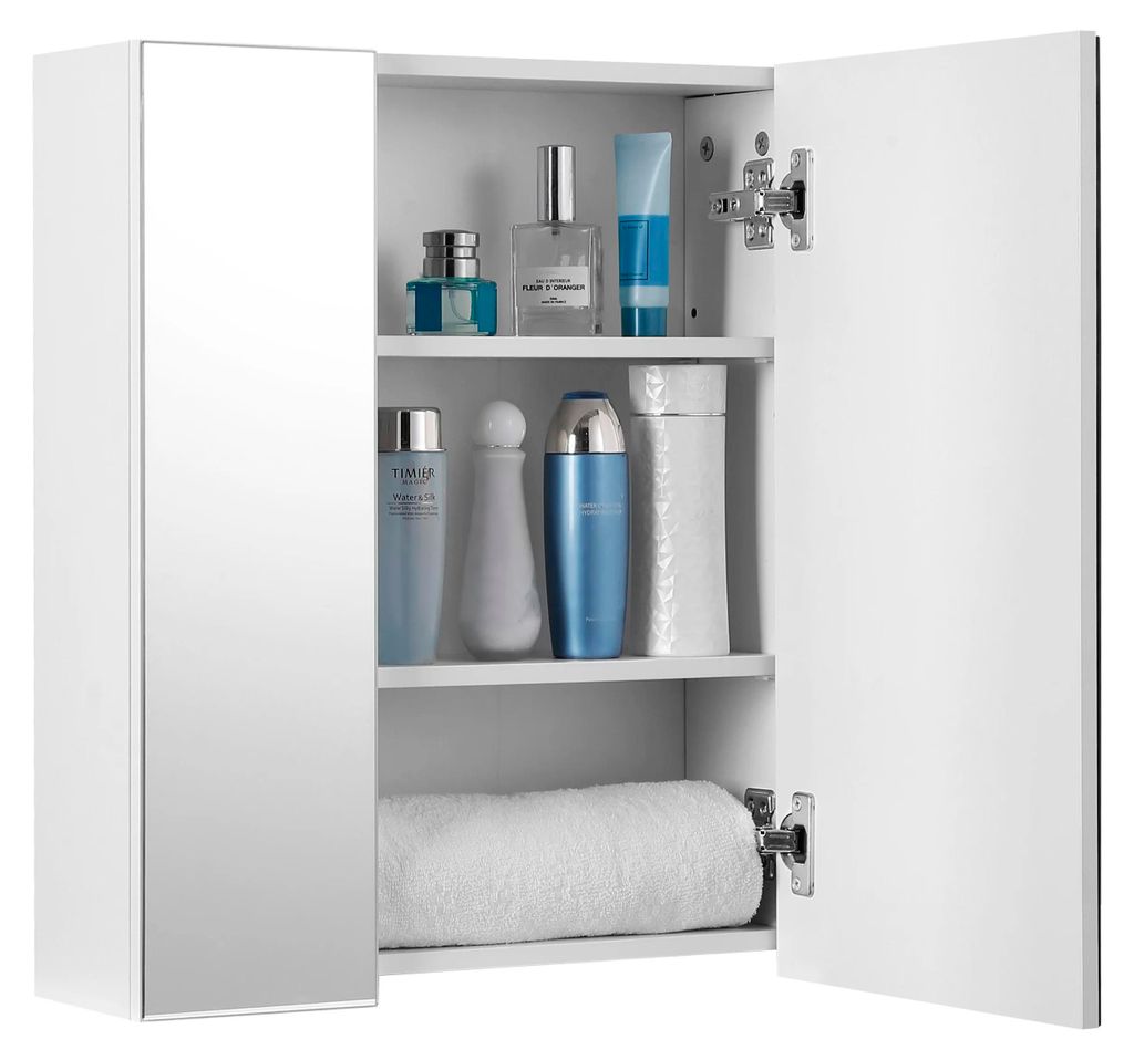 Spiegelschrank Badezimmer - 3 Türen - 15 x 60 x 55 cm - Verstellbare Einlegeböden - Selbstmontage - Modernes Design - Weiß