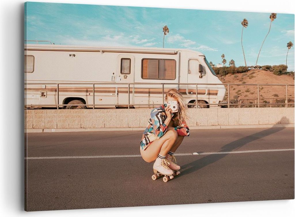 Bild auf Leinwand - Leinwandbild - Einteilig - Reise Frau Rollschuhe - 100x70cm - Wand Bild - Wanddeko - Wandbilder - Leinwanddruck - Bilder - Wand...