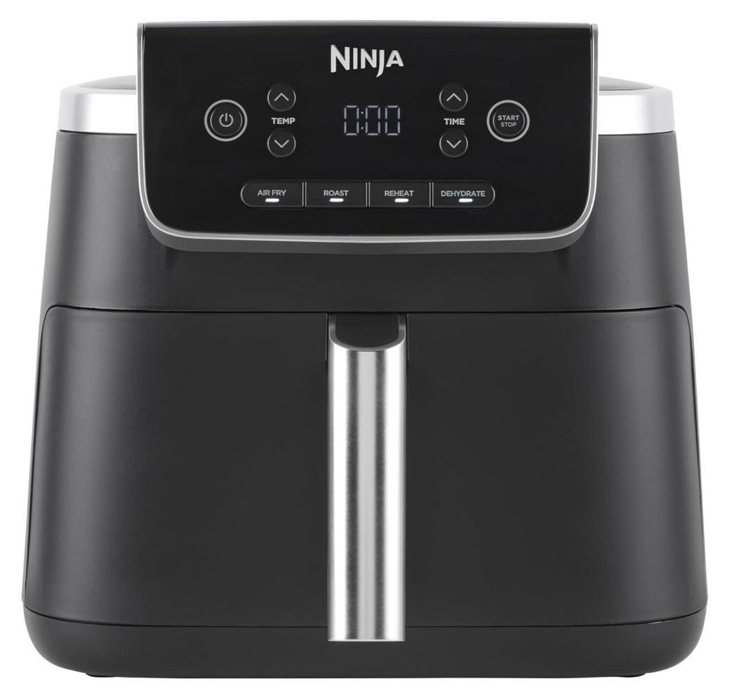 A black Ninja air fryer with a silver handle is shown against a white background.