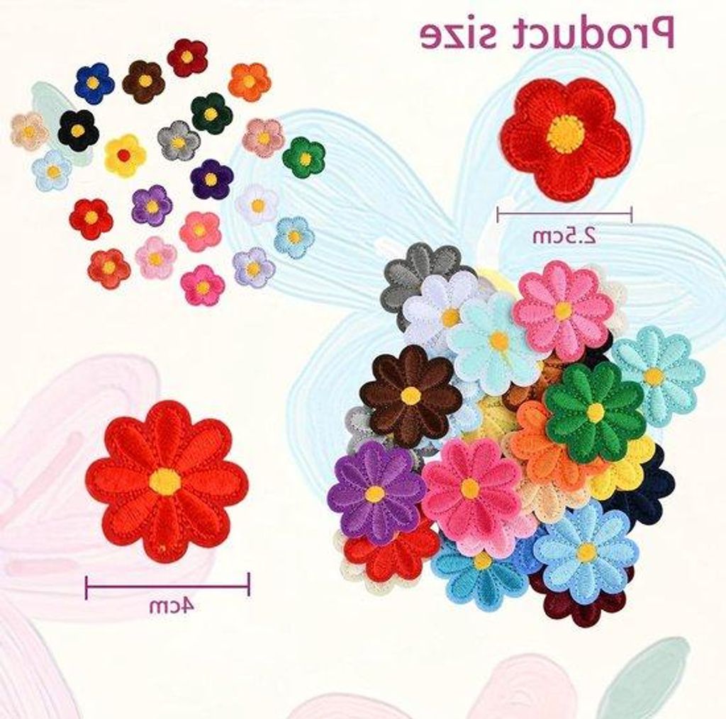 50 Stück Blumen-Patches zum Aufkleben - Geborderte Blumen-Anwendungen für Kleidung - Set für Jacken und Jeans