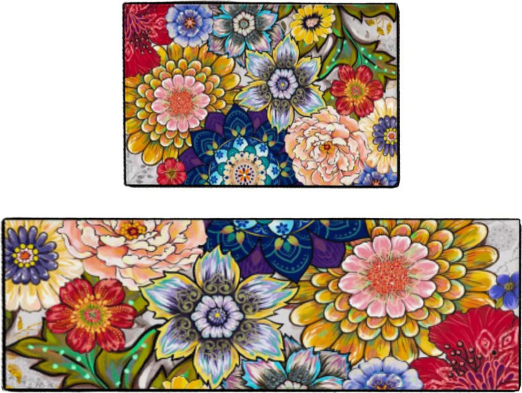 2-teilige Küchenteppiche, leuchtende Farben, Blumendruck, verschleißfest, rutschfest, leicht zu reinigen, Antifouling-Teppich, Fußmatten