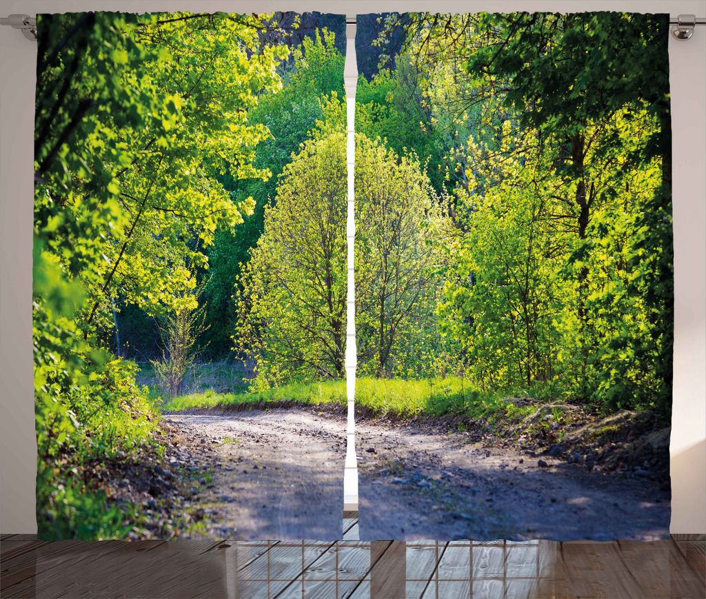 ABAKUHAUS Frühling Rustikaler Vorhang, Pfad im Wald am See, Wohnzimmer Universalband Gardinen mit Schlaufen und Haken, 280 x 225 cm, Lindgrün Grau