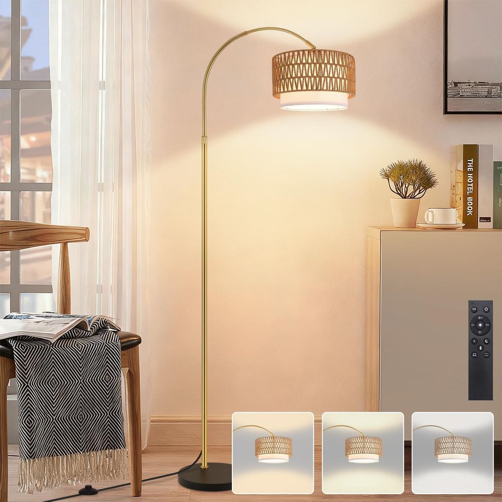 ZMH Stehlampe Boho Rattan Bogenlampe Gold dimmbare Stehleuchte mit Fernbedienung E27 LED Bogen Leselampe 350° drehbar Standlampe für Schlafzimmer...