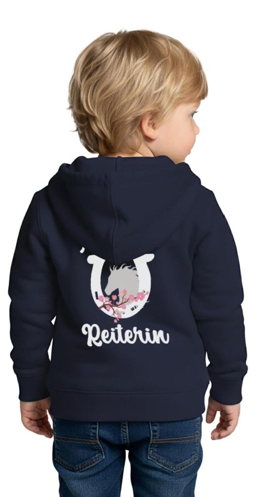 Spreadshirt Nachwuchs Reiterin | Hufeisen Pferdeliebe Kinder Premium Organic Zip Hoodie, 134/140 (8 Jahre), Navy