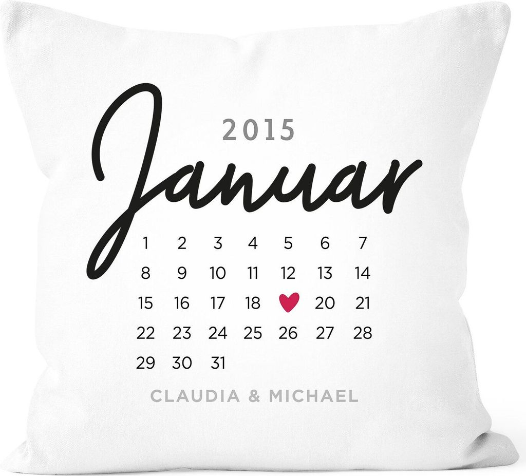 Kissen-Bezug personalisiert Liebe Kalender Datum und Wunschnamen Herz Geschenk Hochzeit Jahrestag SpecialMe weiß 40cm x 40cm