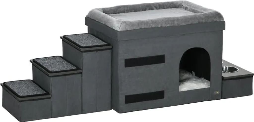 Grotte pour chat 70cm avec escalier 3 marches et 2 bols repas en acier