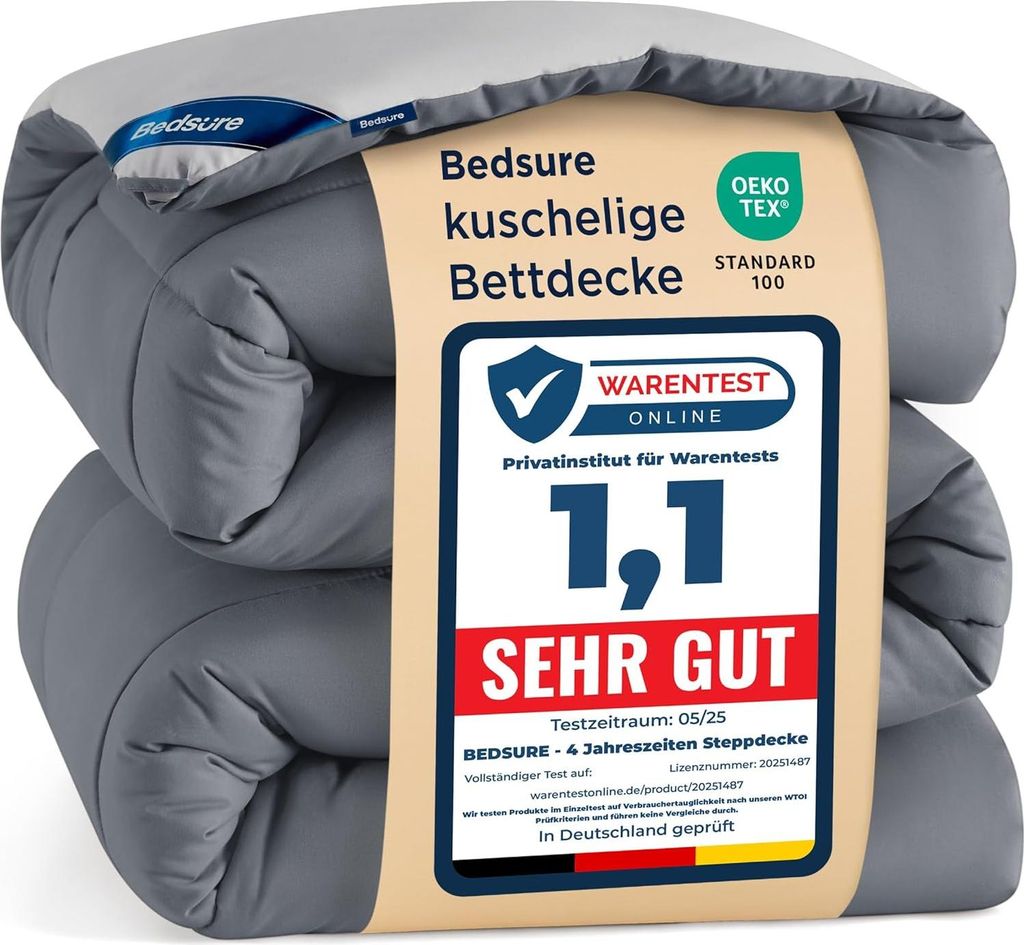 BEDSURE Bettdecke 135x200 Ganzjahresdecke Steppdecke - Ohne Bezug 135x200cm 300GSM 4 Jahreszeiten Bettdecken Wende Grau/Hellgrau, Weiche Warm Duvet