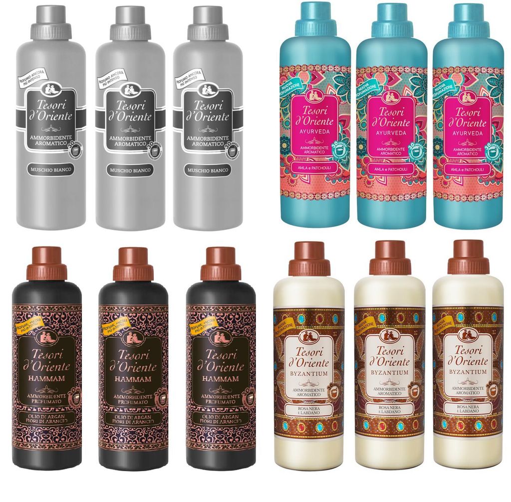 Testpaket Tesori d'oriente weichspüler softener 3 Muschio Bianco , 3 Ayurveda, 3 Hammam, 3 Byzanthium 760ml