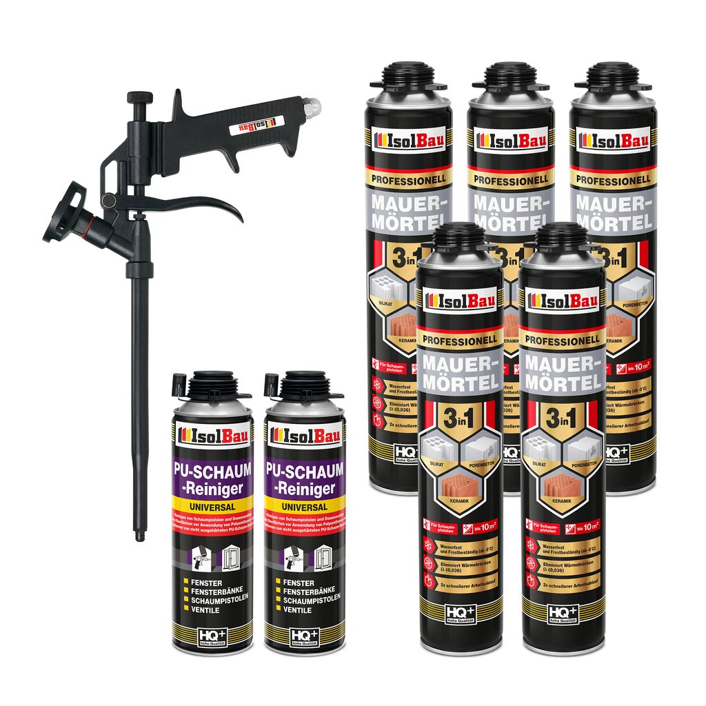 Isolbau Mauermörtel Pistolenschaum SET - Teflon Schaumpistole, 2 x PolyurethanReiniger Montageschaum Klebeschaum PolyurethanMörtel 5 x 750ml