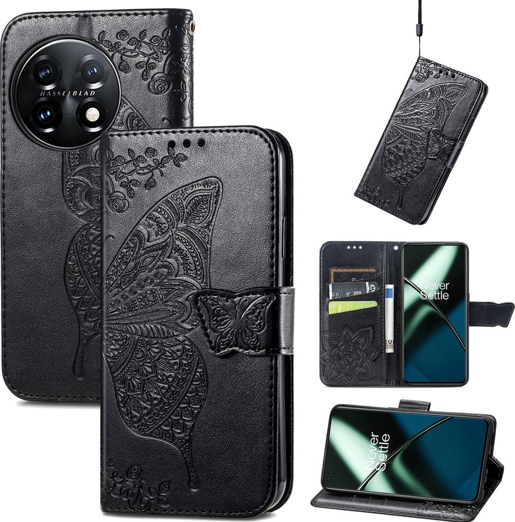 Mobigear Butterfly OnePlus 11 Hülle Klapphülle Geldbörse - Schwarz
