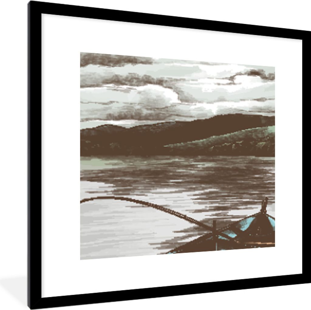 MuchoWow MuchoWow Gerahmtes Poster Boot - Meer - Angelrute 40x40 cm - Poster mit zchwarzem Bilderrahmen - Poster - Plakat im Rahmen
