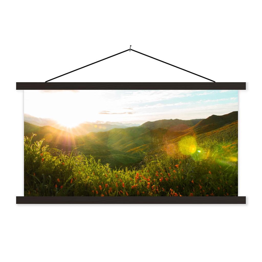 MuchoWow Textilposter Hügel - Sonnenuntergang - Gras - Grün 120x60 cm mit schwarzem Rahmen - Dekoration Schlafzimmer