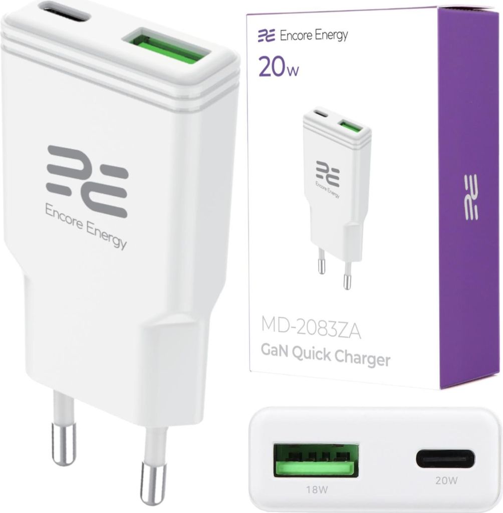 Netzladegerät SLIM GaN 20W USB-A USB-C QC PD Encore Energy Produktbild 