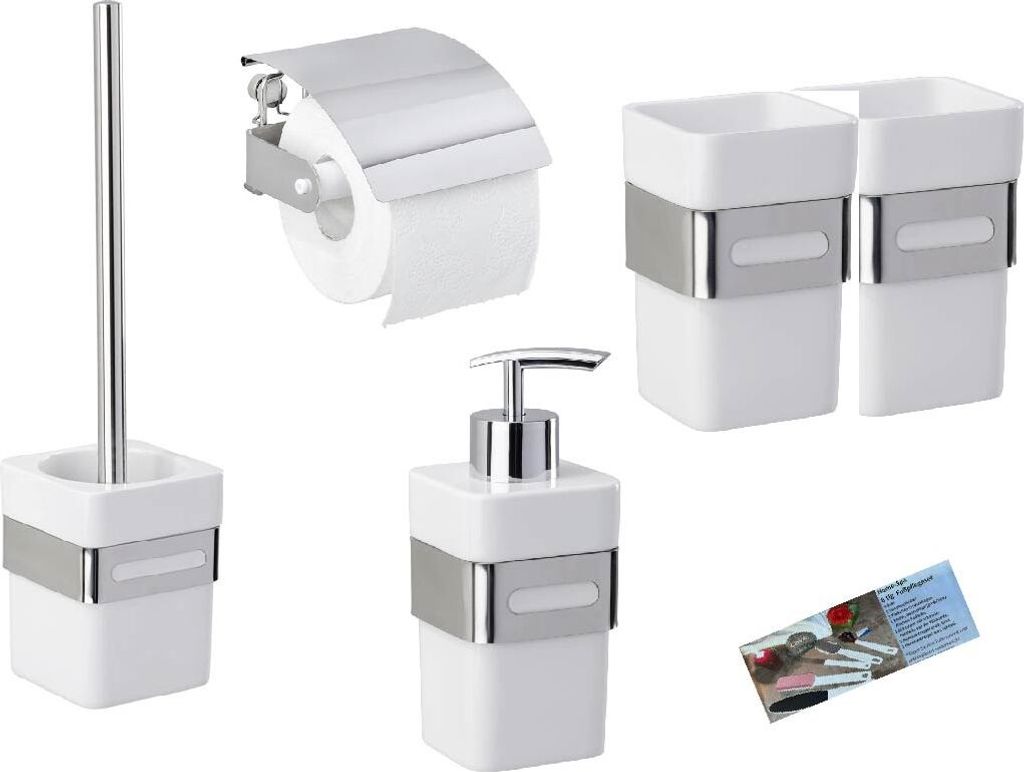 WENKO Badezimmerset Premium Plus, bestehend aus Toilettenpapierhalter, WC-Garnitur, 2 Zahnputzbecher und Seifenspender und zusätzlich ein Fusspfl...