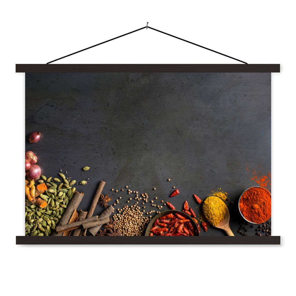 MuchoWow Textilposter Kräuter - Lebensmittel - Gewürze - Schwarz - Paprika - Zimt 120x80 cm mit schwarzem Rahmen - Wanddeko