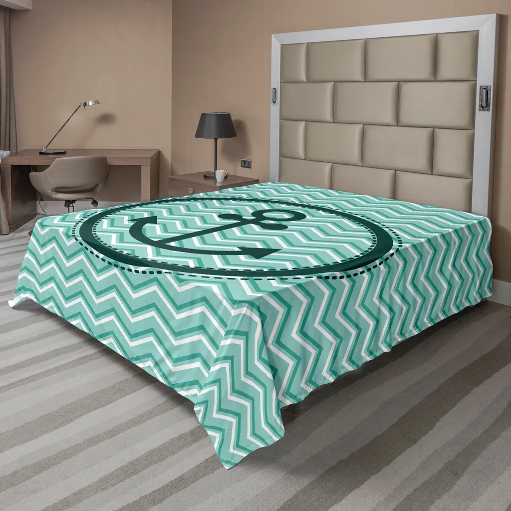 Drap de lit plat ABAKUHAUS motif ancre et zigzag turquoise 260x228 cm