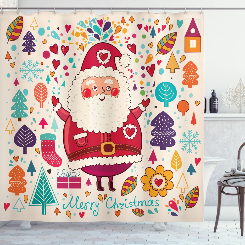 ABAKUHAUS Weihnachten Duschvorhang, Vintage Sankt Artsy, Wasser Blickdicht inkl.12 Ringe Langhaltig Bakterie und Schimmel Resistent, 175 x 180 cm, ...