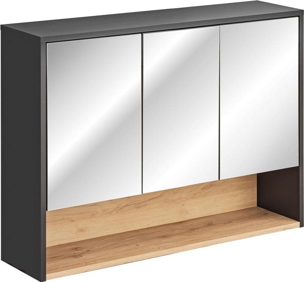 FURNLUX Spiegelschrank Borneo Graphit Und Eiche Und Spiegel Grau 100cm / Hauptfarbe: Schwarz / Abmessungen: 100 x 75 x 25 cm
