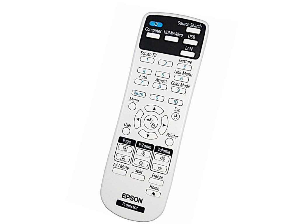 A white remote control for an Epson projector is shown against a white background.