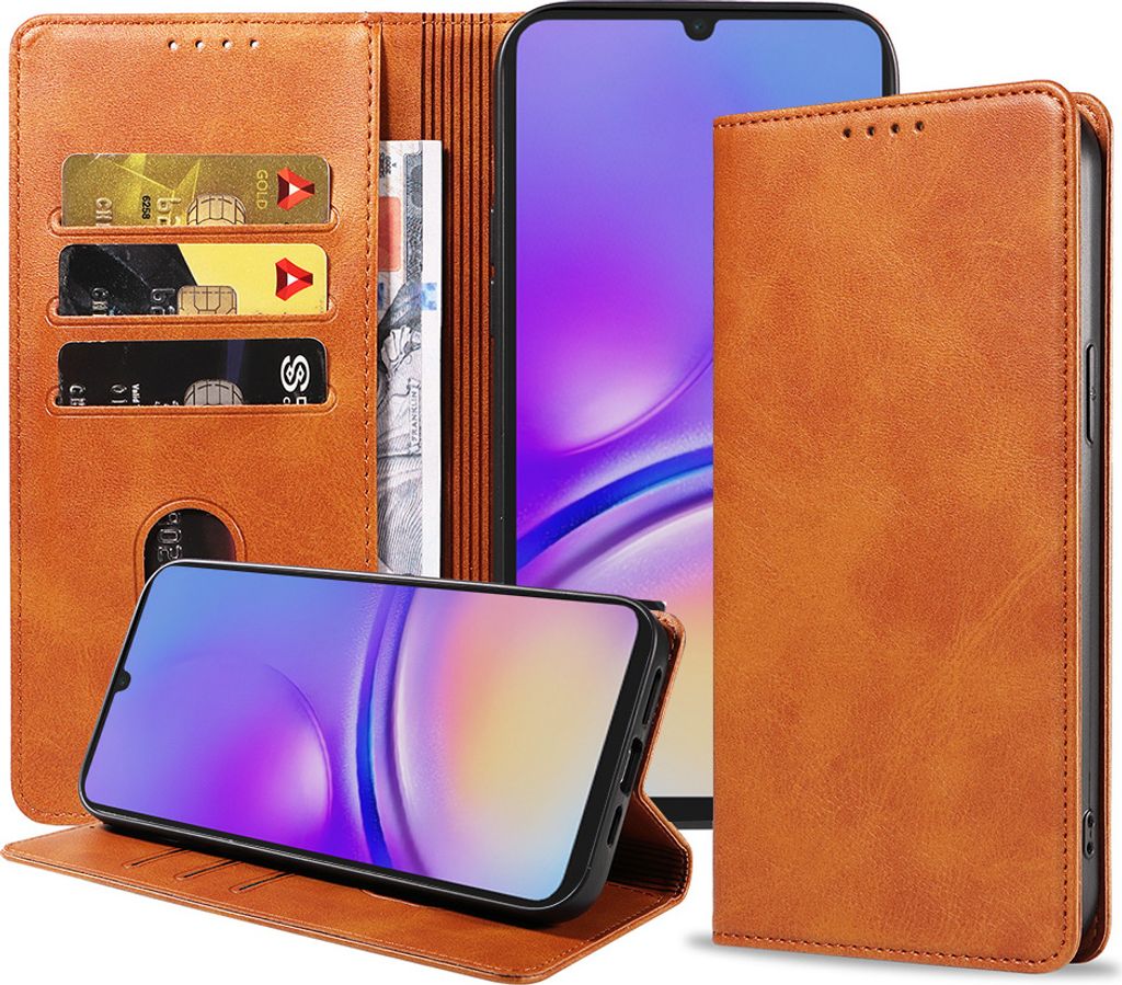 Smartphonica Handytasche passend für Samsung Galaxy A05 Kunstleder mit Magnetverschluss und Kartenhalter Buchhülle mit Klappe - Braun