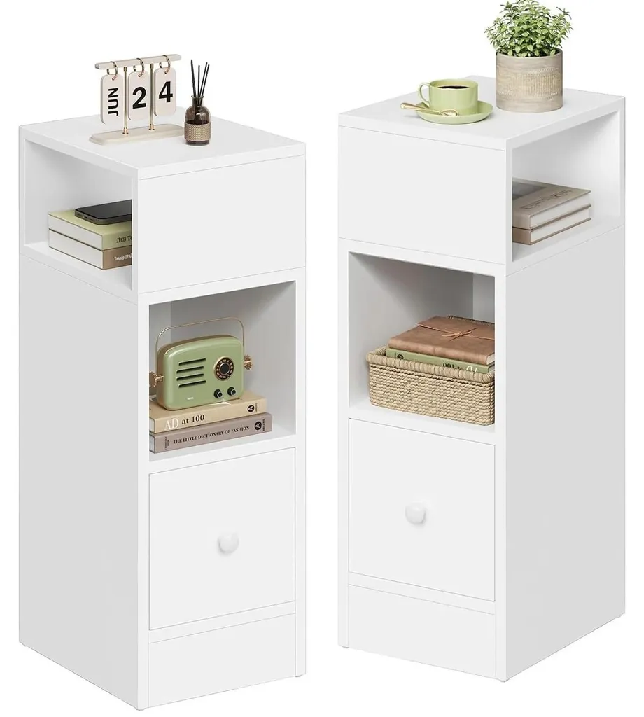 Table de nuit bois blanc avec tiroir et deux compartiments de rangement