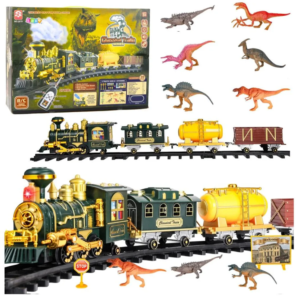 Train électrique classique dinosaures avec fumée et sons - 39 pièces