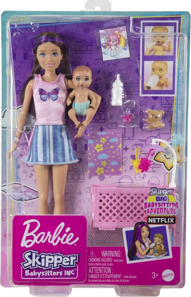 A Barbie Skipper Babysitters Inc. playset featuring Skipper and a baby doll, along with various accessories, displayed in its retail packaging.