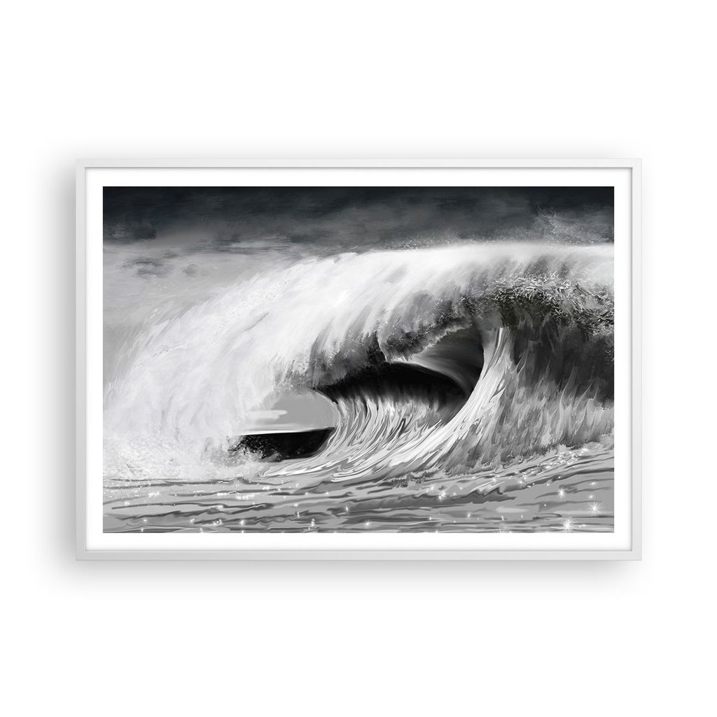 Gerahmtes Poster - Weißer Rahmen - Welle Zeichnung Schwarzweiß - 100x70 cm - Wand Bild - Wanddeko - Wandbilder - Wandposter - Bilderrahmen - Bild...