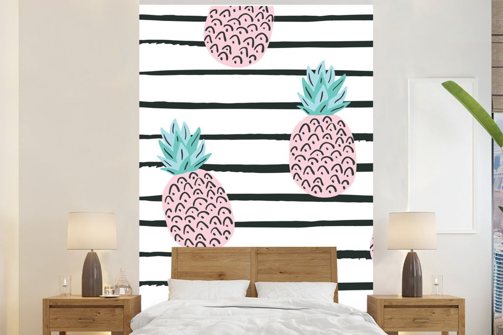 MuchoWow Fototapete für Wohnzimmer oder Schlafzimmer Wandtapete Vinyl Motivtapete Sommer - Ananas - Streifen - 160x240 cm - Vinyltapete