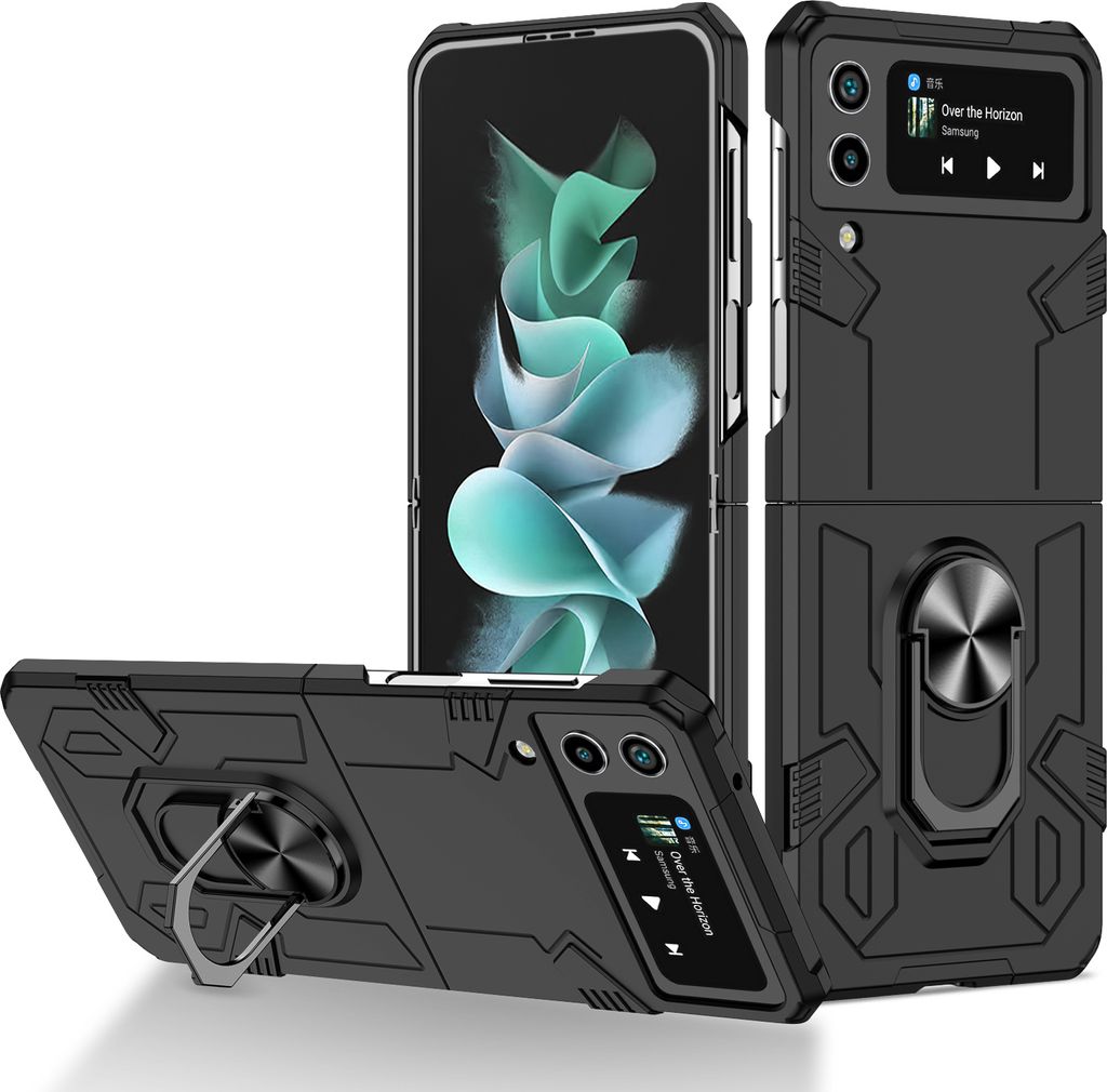Galaxy Z Flip4 Hülle, Robust Harter PC, Stoßfest, Ringhalter, Ständer Schutzhülle für Samsung Galaxy Z Flip 4 5G Schwarz