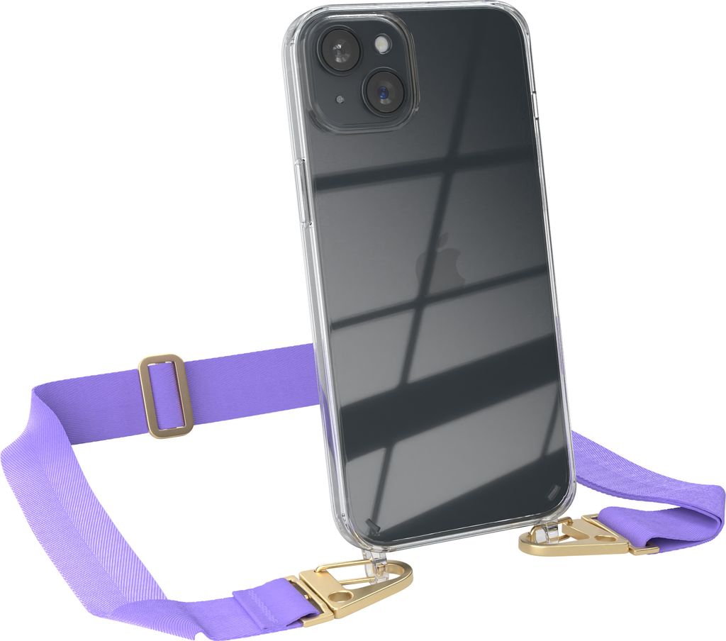 EAZY CASE - Hülle mit Band für Apple iPhone 15 Plus, Handyhülle mit Umhängeband, Silikonhülle transparent, Handykette in Violett