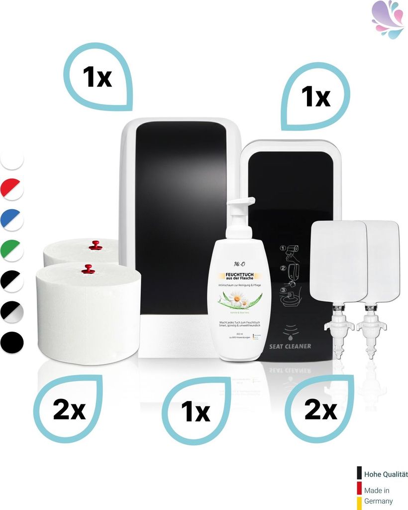 KOMPLETT-SET Toilettenkabine: Toilettenpapierspender + SENSOR Sitzreinigung + Reinigungsschaum + Füllmittel Farbe: Schwarz / Weiß